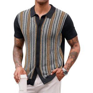 Vintage Knit Polo Shirt Men Short Sleeve Golf Button